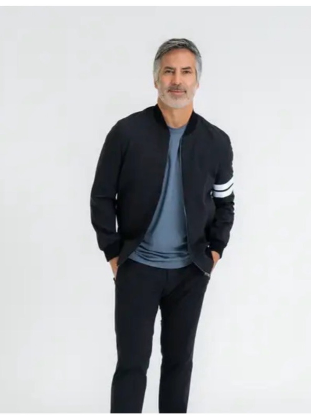 Sene Men's Black Bomber Jacket with White Sleeve Stripes size large. High end